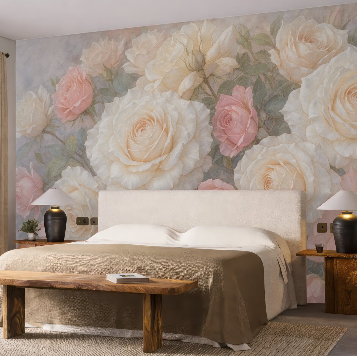 Fototapeta Subtelne, pastelowe róże oraz piwonie na zamglonym, szaro-mglistym, teksturowanym tle.