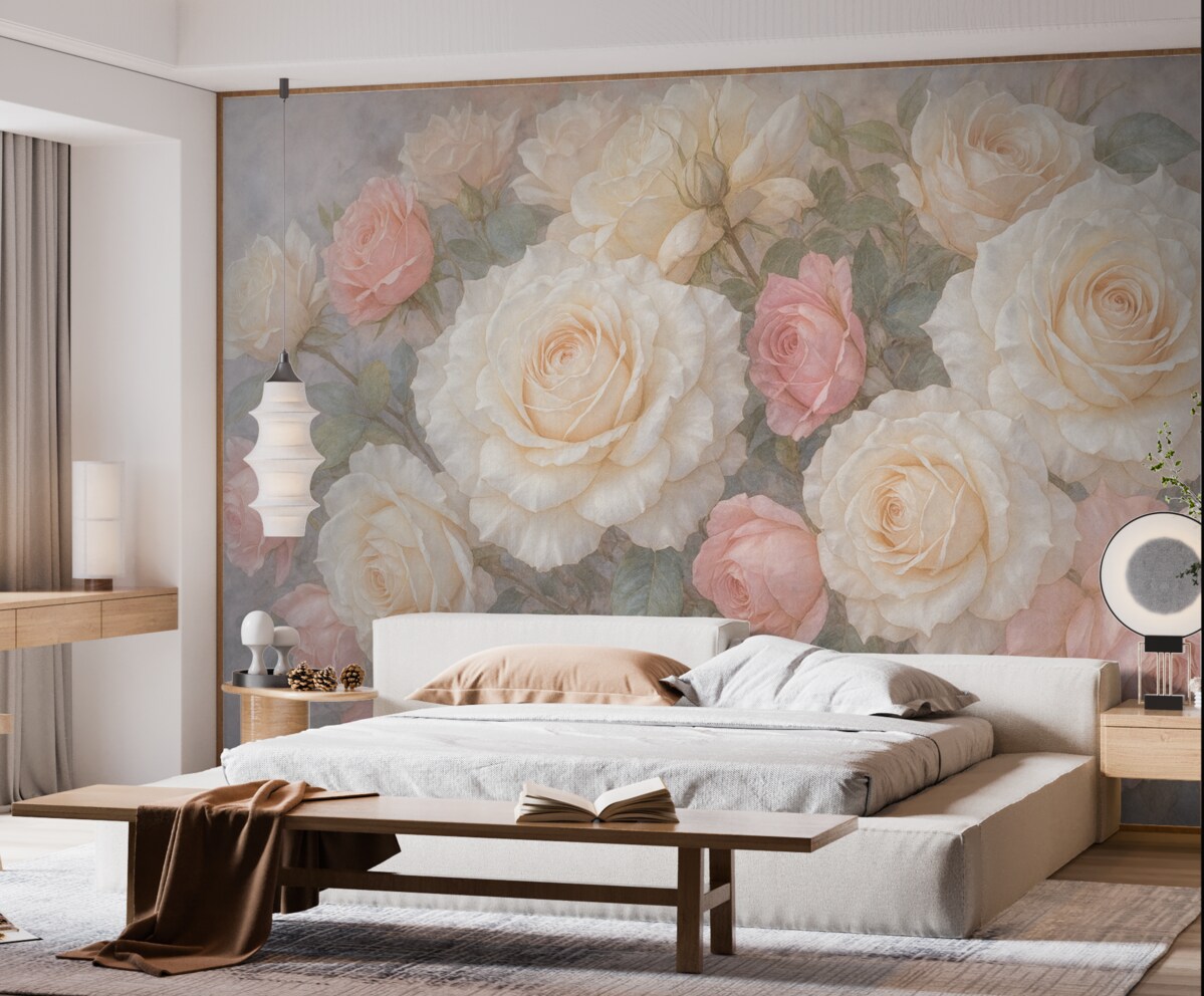 Fototapeta Subtelne, pastelowe róże oraz piwonie na zamglonym, szaro-mglistym, teksturowanym tle.