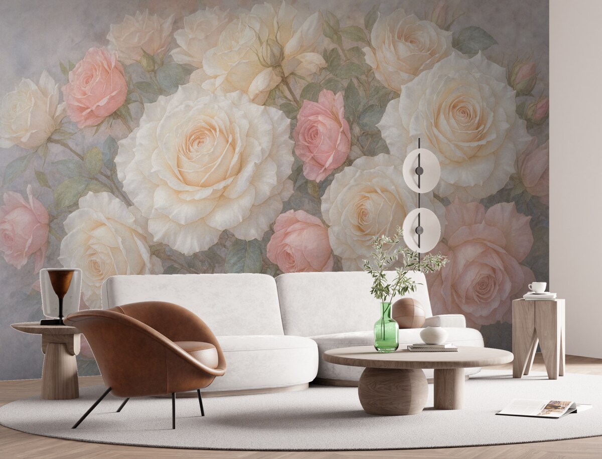 Fototapeta Subtelne, pastelowe róże oraz piwonie na zamglonym, szaro-mglistym, teksturowanym tle.