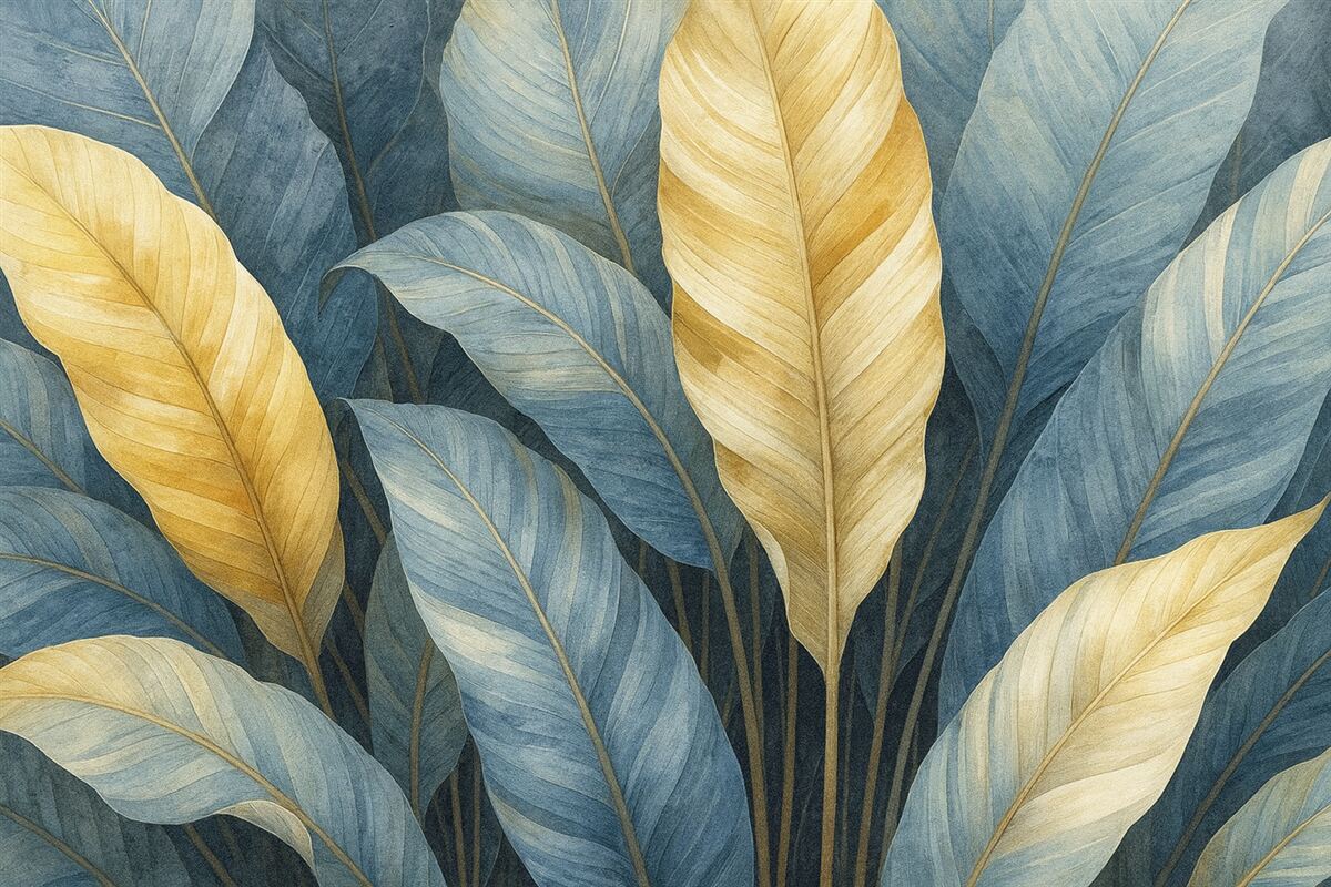 Fototapeta Zbliżenie na duże, bujne, teksturowane, ozdobne liście tropikalne w kolorach niebieskiego, zielonego i żółtego.