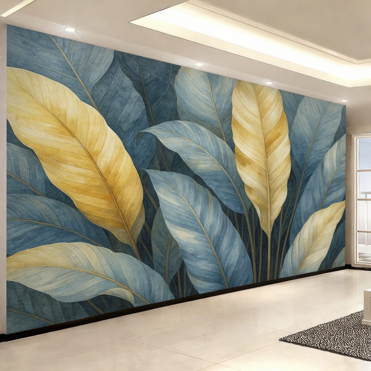 Fototapeta Zbliżenie na duże, bujne, teksturowane, ozdobne liście tropikalne w kolorach niebieskiego, zielonego i żółtego.