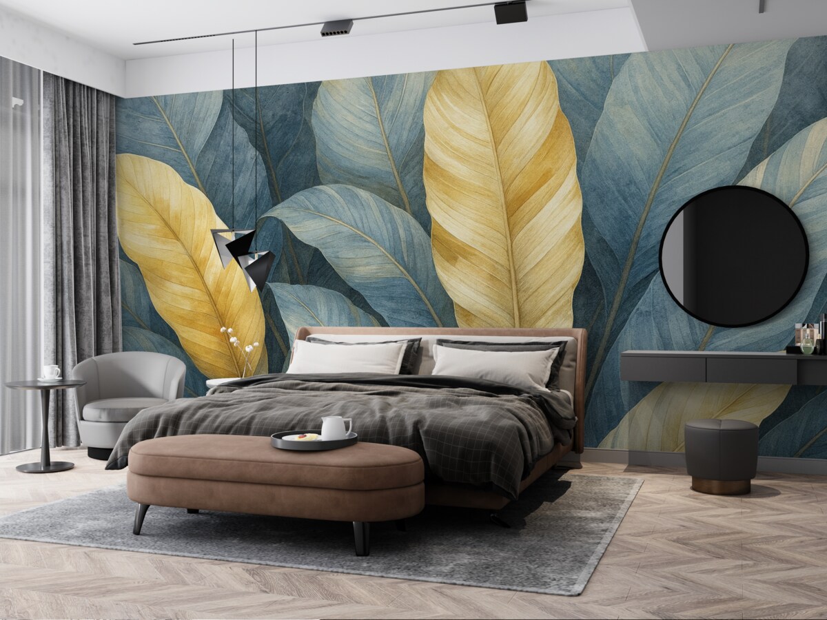 Fototapeta Zbliżenie na duże, bujne, teksturowane, ozdobne liście tropikalne w kolorach niebieskiego, zielonego i żółtego.