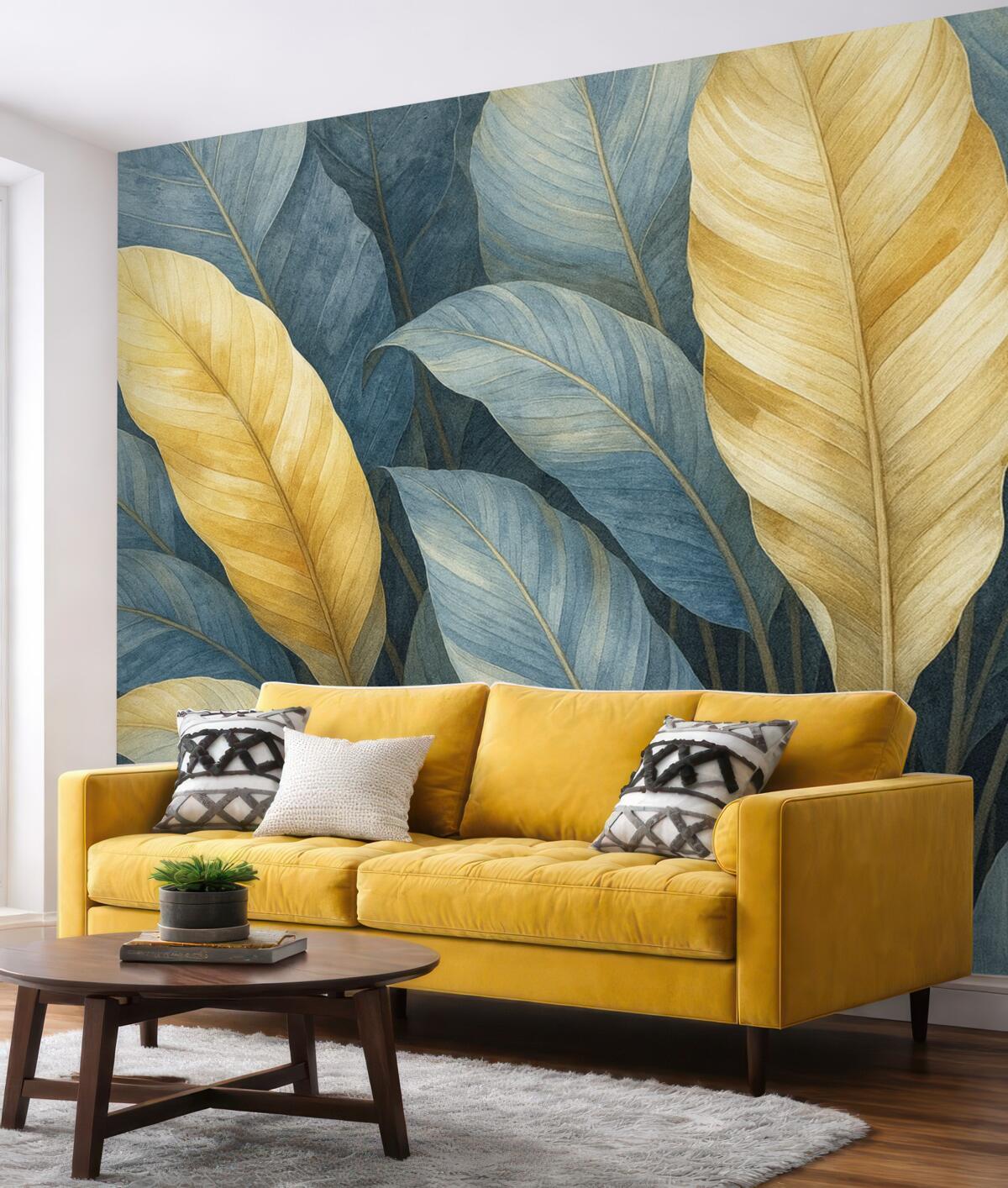 Fototapeta Zbliżenie na duże, bujne, teksturowane, ozdobne liście tropikalne w kolorach niebieskiego, zielonego i żółtego.