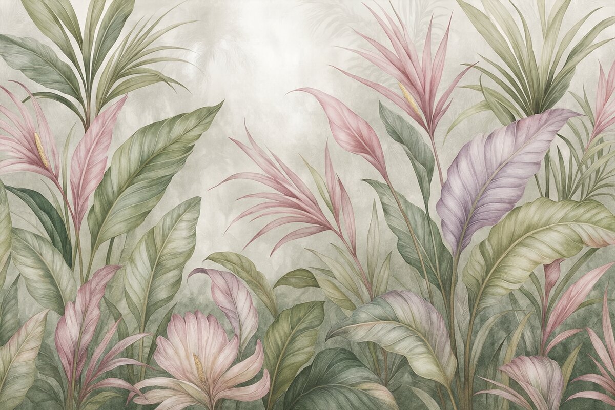 Fototapeta Tropikalna dżungla z wielkimi zielonymi liśćmi oraz różowymi kwiatami protei na rozmytym teksturowanym tle.