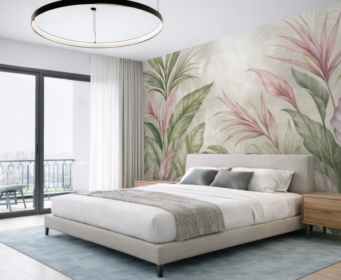 Fototapeta Tropikalna dżungla z wielkimi zielonymi liśćmi oraz różowymi kwiatami protei na rozmytym teksturowanym tle.