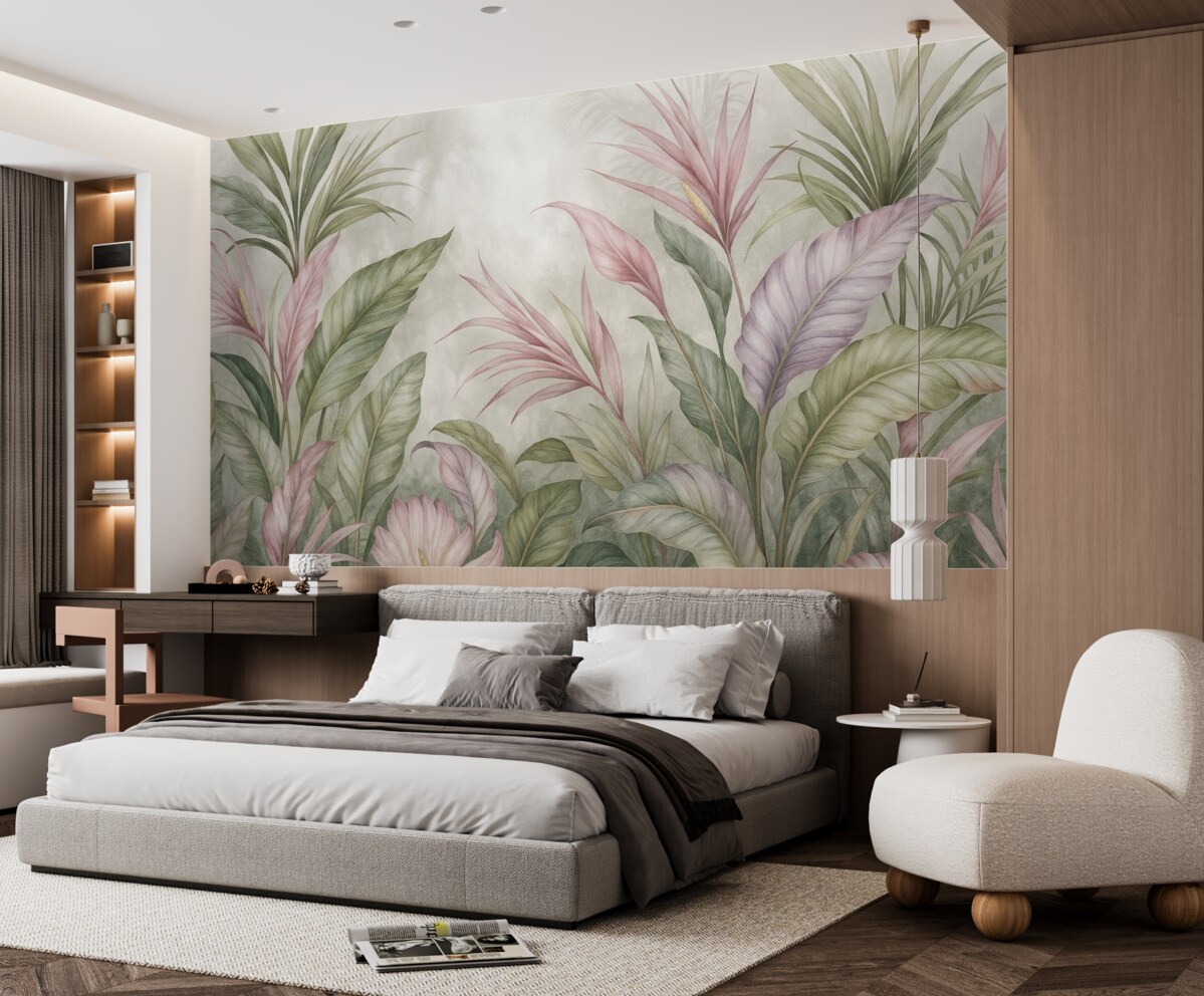 Fototapeta Tropikalna dżungla z wielkimi zielonymi liśćmi oraz różowymi kwiatami protei na rozmytym teksturowanym tle.