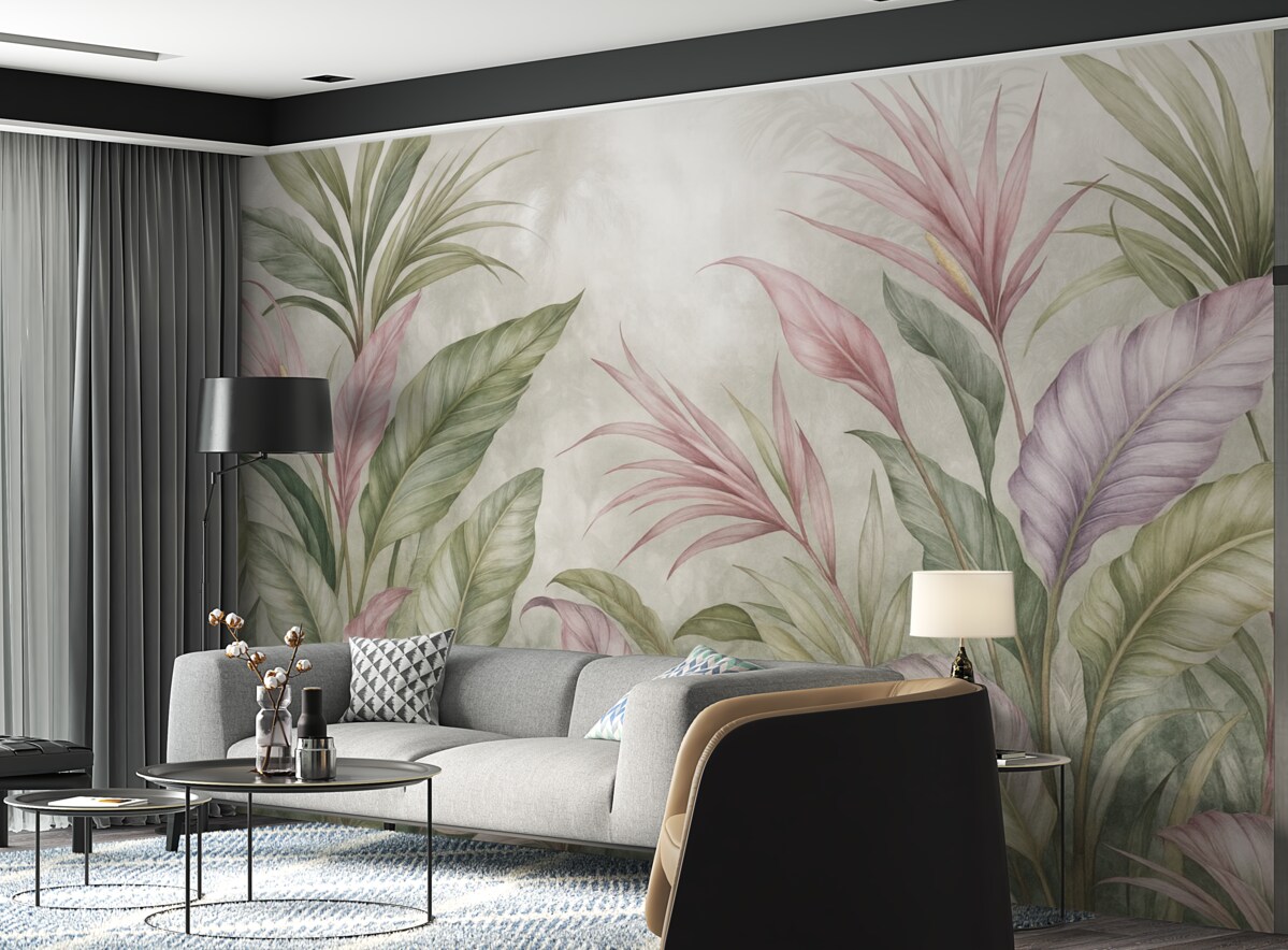 Fototapeta Tropikalna dżungla z wielkimi zielonymi liśćmi oraz różowymi kwiatami protei na rozmytym teksturowanym tle.