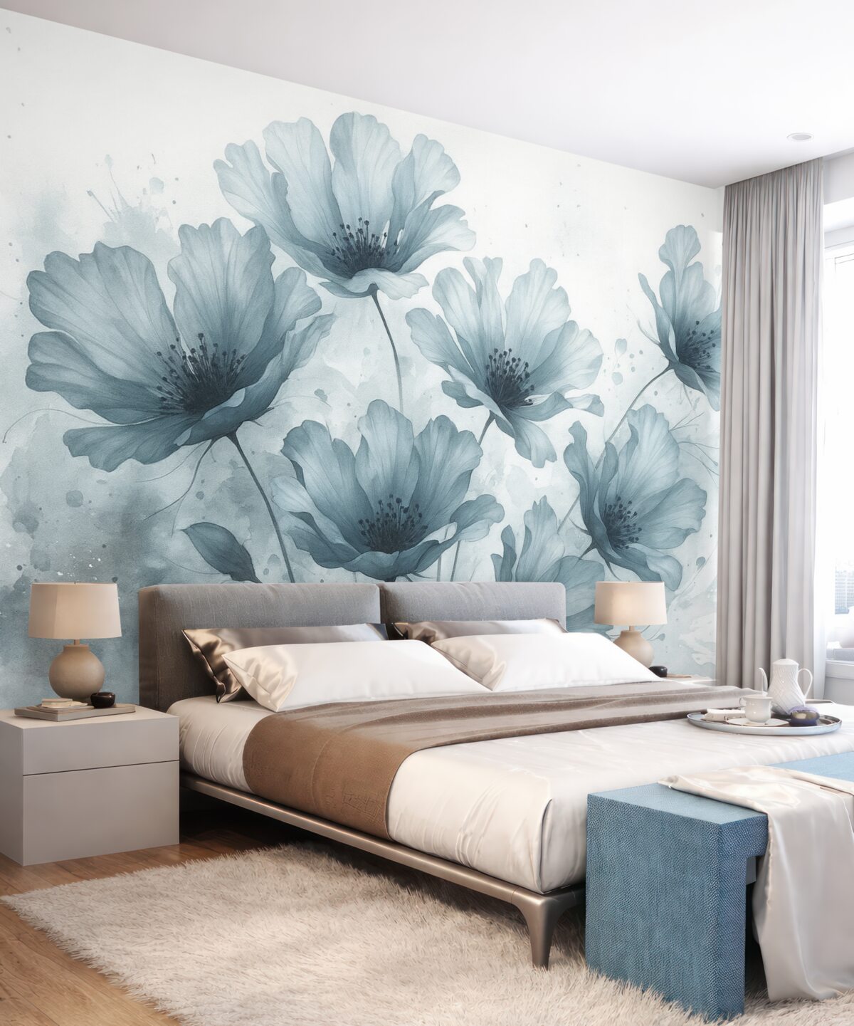 Fototapeta Cienkie niebieskie kwiaty z łagodnymi, rozmytymi płatkami oraz akwarelami na jasnym tle.