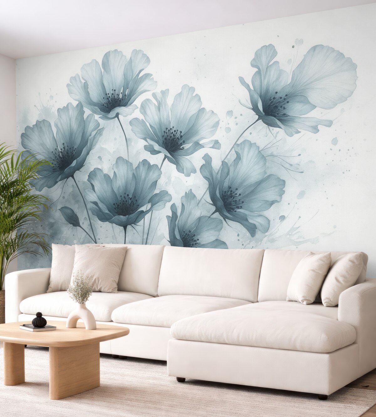 Fototapeta Cienkie niebieskie kwiaty z łagodnymi, rozmytymi płatkami oraz akwarelami na jasnym tle.