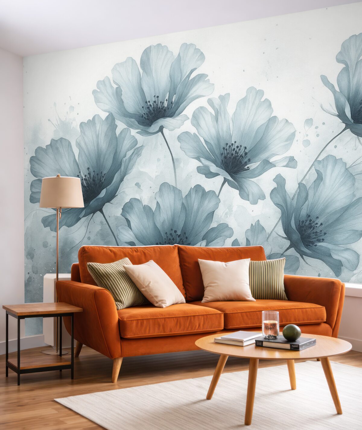 Fototapeta Cienkie niebieskie kwiaty z łagodnymi, rozmytymi płatkami oraz akwarelami na jasnym tle.