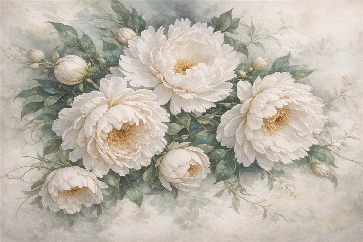 Fototapeta Teksturowane dużymi białymi kwiatami piwonii z zielonymi liśćmi, obfita i romantyczna aranżacja kwiatowa.