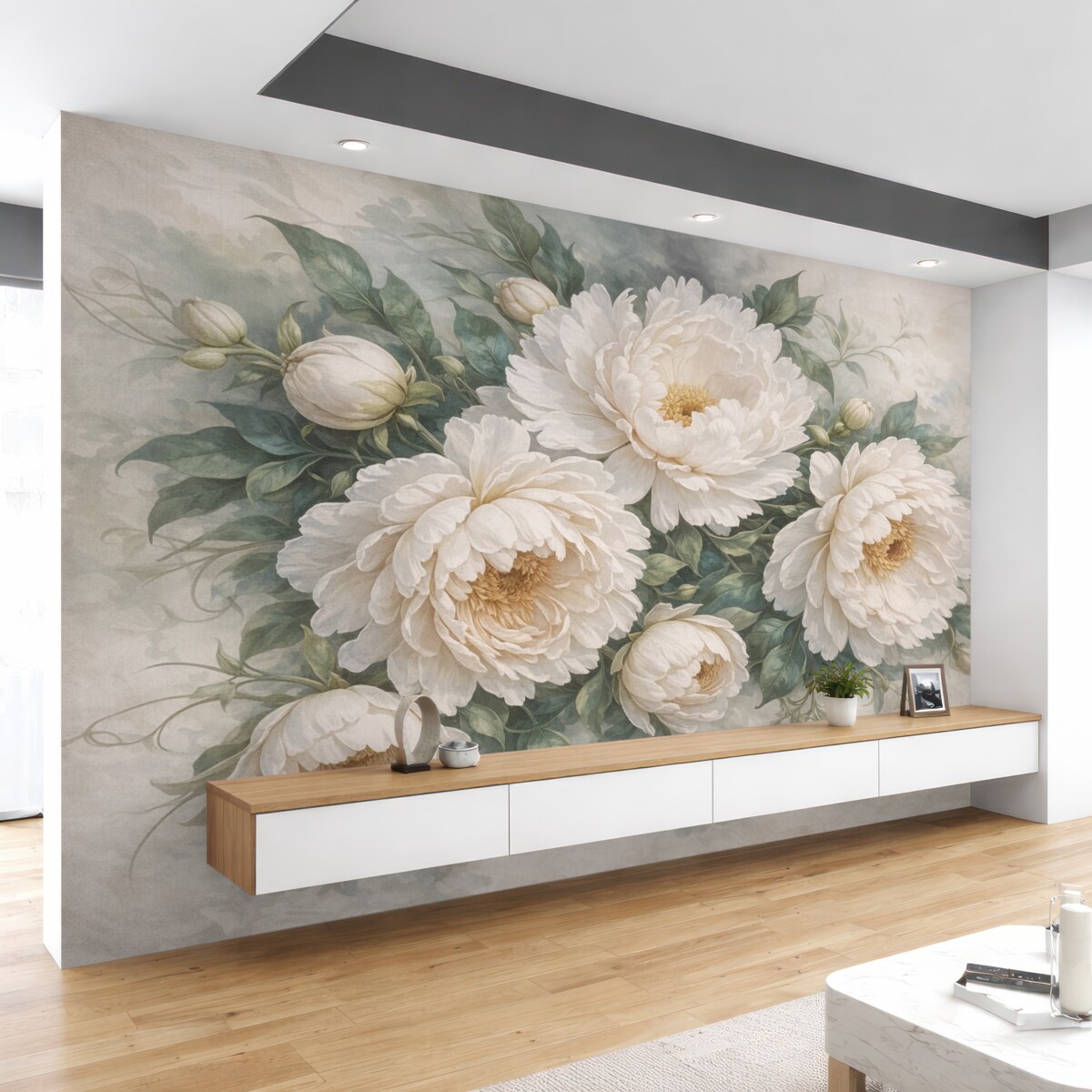 Fototapeta Teksturowane dużymi białymi kwiatami piwonii z zielonymi liśćmi, obfita i romantyczna aranżacja kwiatowa.