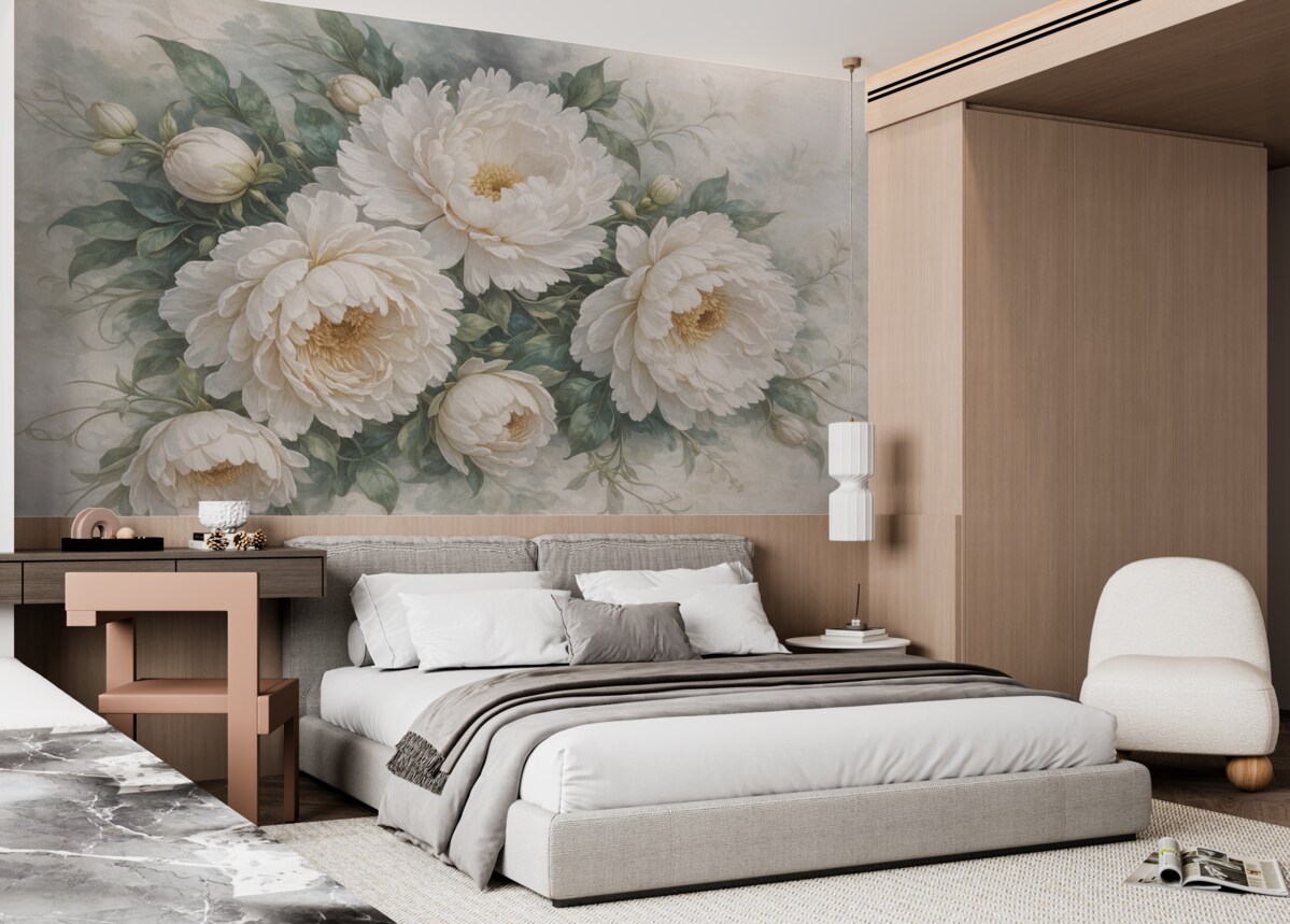 Fototapeta Teksturowane dużymi białymi kwiatami piwonii z zielonymi liśćmi, obfita i romantyczna aranżacja kwiatowa.