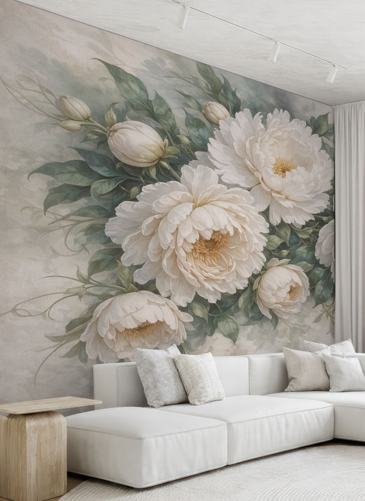 Fototapeta Teksturowane dużymi białymi kwiatami piwonii z zielonymi liśćmi, obfita i romantyczna aranżacja kwiatowa.