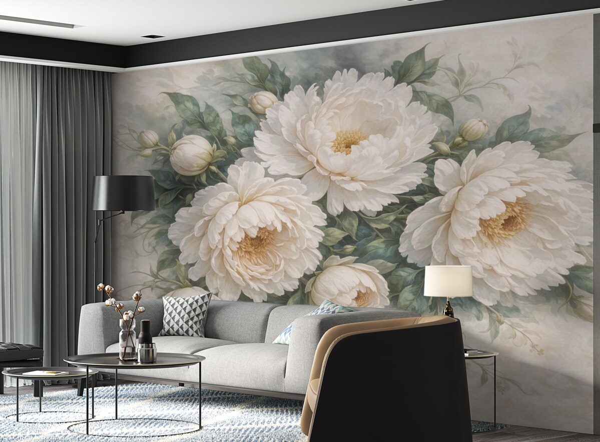 Fototapeta Teksturowane dużymi białymi kwiatami piwonii z zielonymi liśćmi, obfita i romantyczna aranżacja kwiatowa.