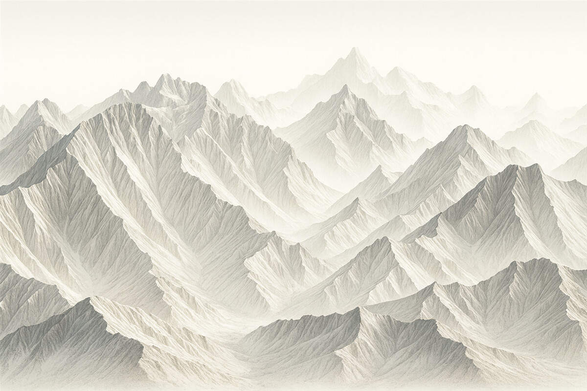 Fototapeta Minimalistyczne ośnieżone wierzchołki górskie w mglistym, delikatnym pejzażu.