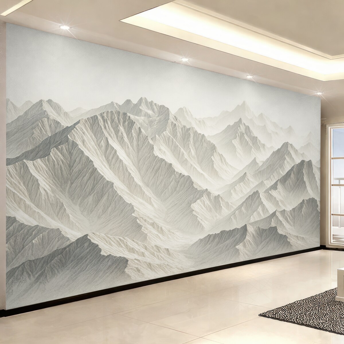 Fototapeta Minimalistyczne ośnieżone wierzchołki górskie w mglistym, delikatnym pejzażu.