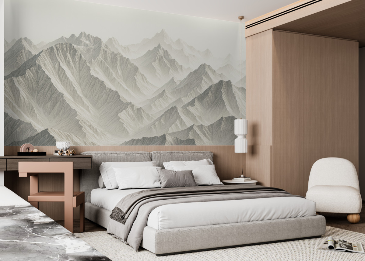 Fototapeta Minimalistyczne ośnieżone wierzchołki górskie w mglistym, delikatnym pejzażu.