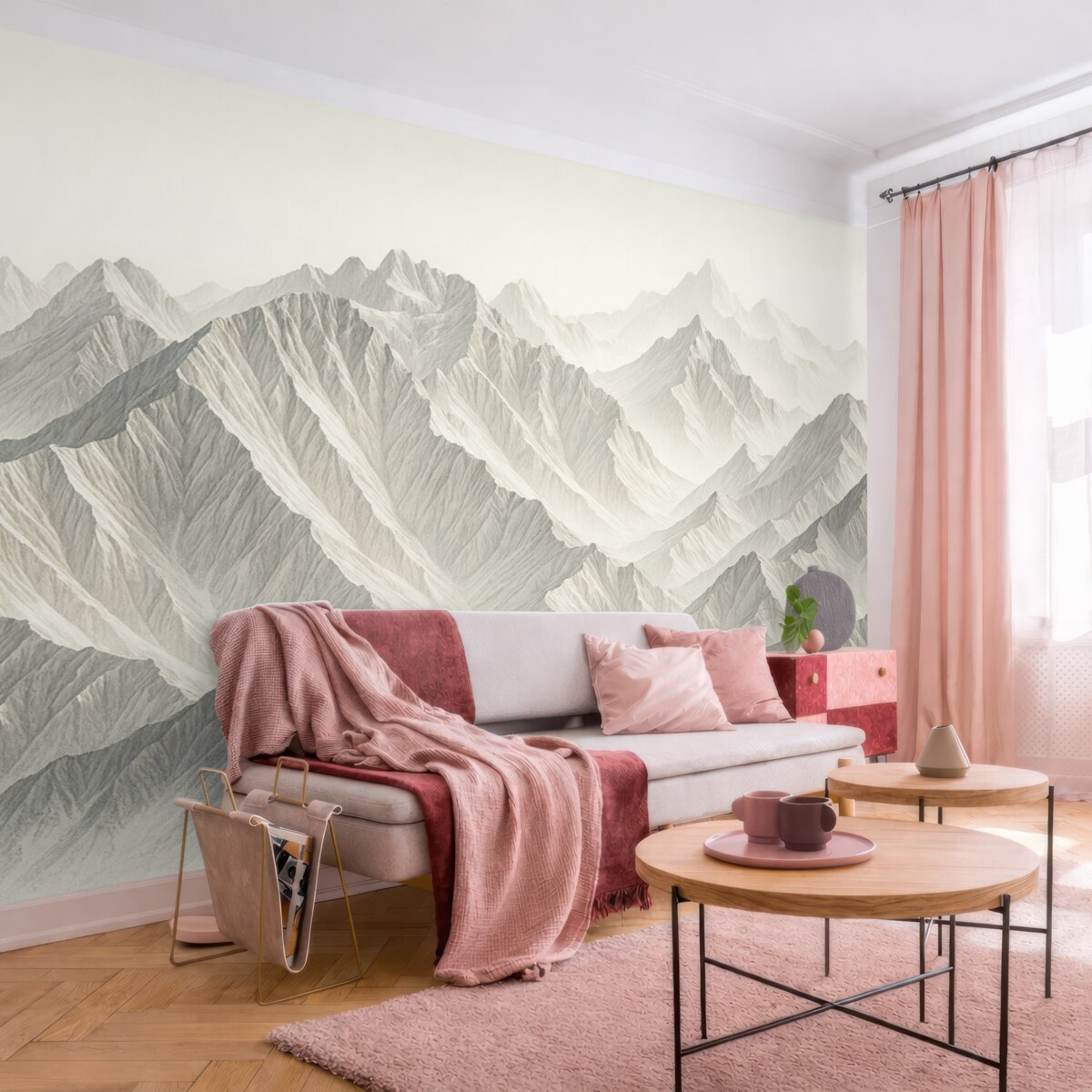 Fototapeta Minimalistyczne ośnieżone wierzchołki górskie w mglistym, delikatnym pejzażu.