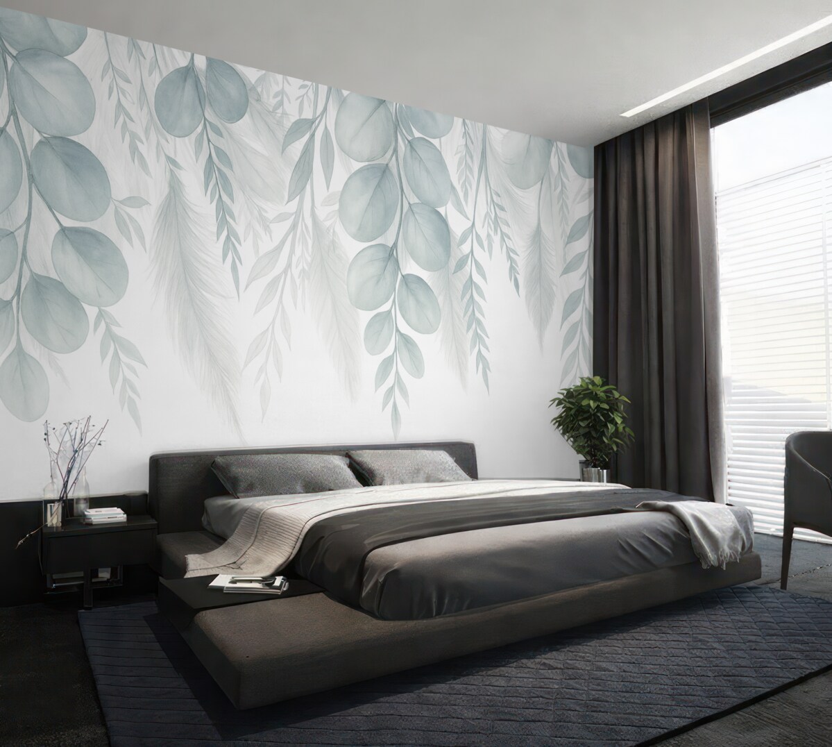 Fototapeta Subtelne szare i pastelowe zielonkawe liście eukaliptusa spadają, tworząc radosną i kojącą aurę.