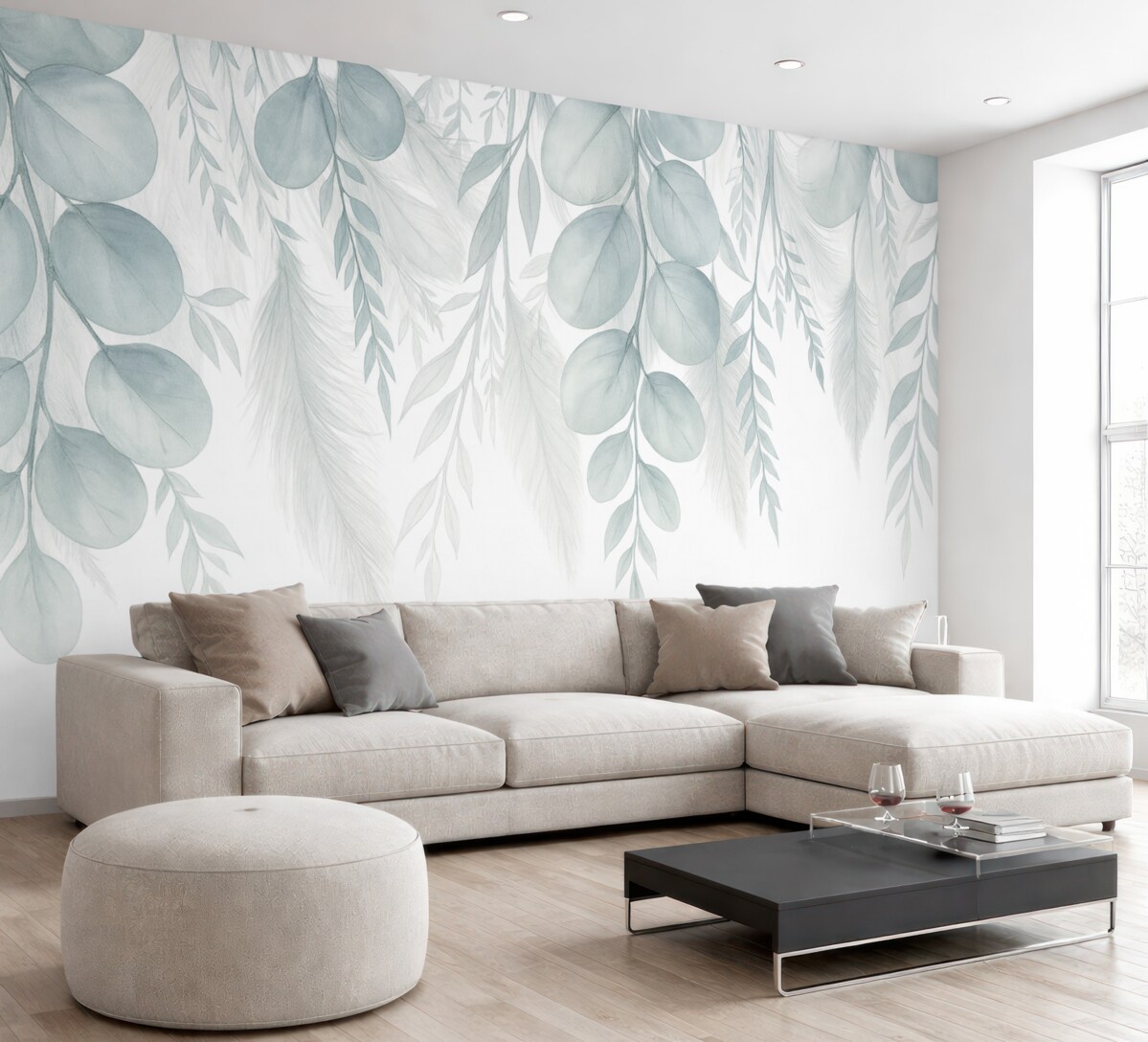 Fototapeta Subtelne szare i pastelowe zielonkawe liście eukaliptusa spadają, tworząc radosną i kojącą aurę.