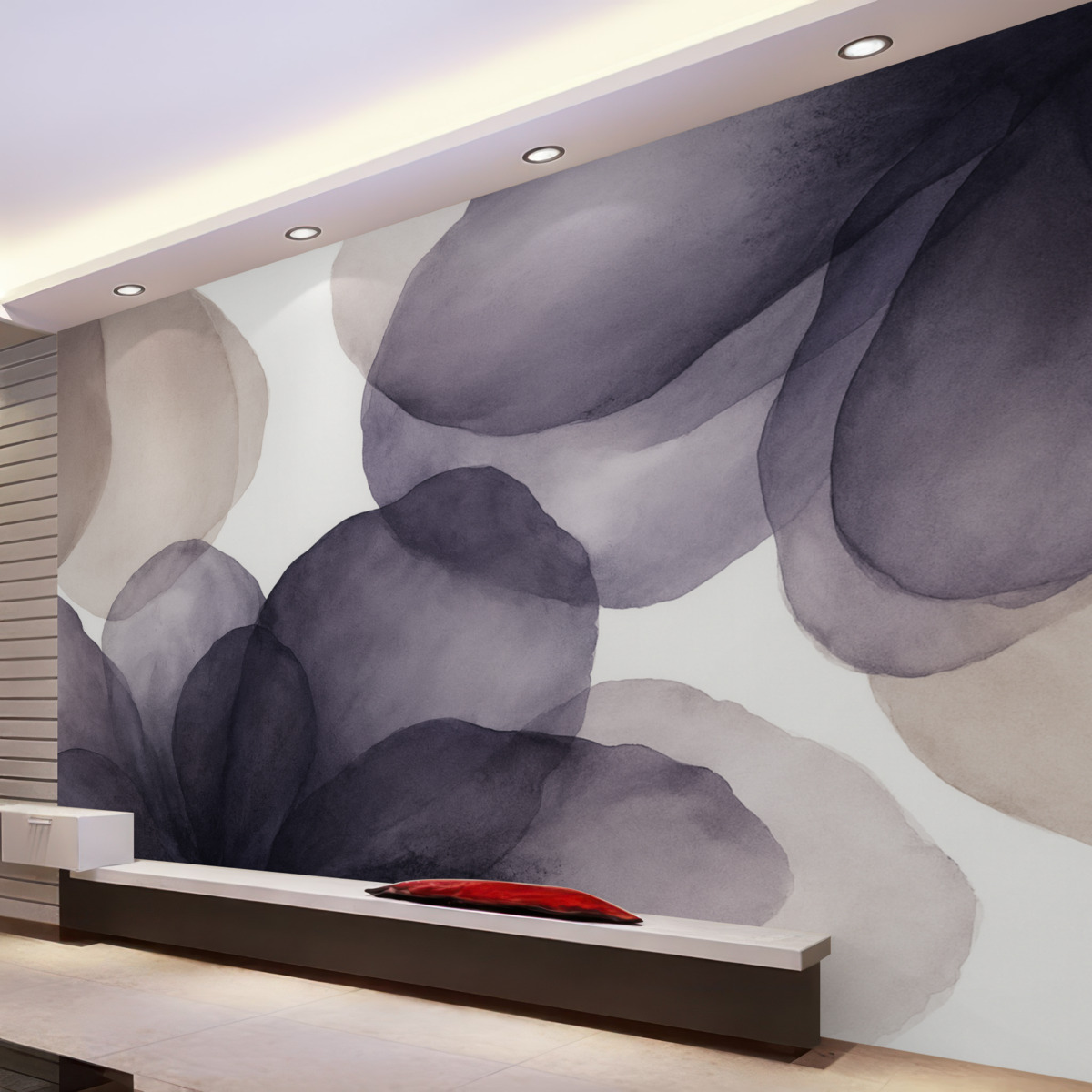 Fototapeta Abstrakcyjne ciemnofioletowe oraz beżowe kwiatowe wzory, delikatne i organiczne kształty z odczuciem dynamiki i płynności.