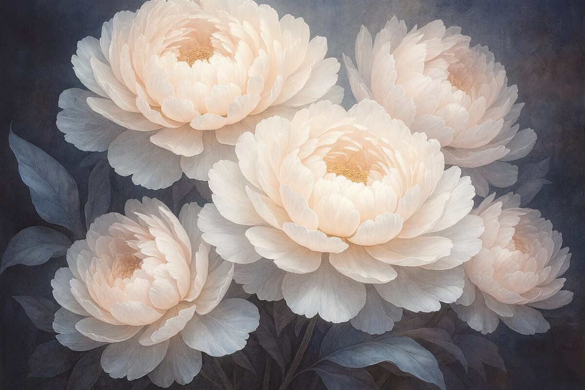 Fototapeta Zbliżenie na dwie duże, subtelne różowe piwonie z gładkimi, puszystymi płatkami i liśćmi na rozmytym tle.