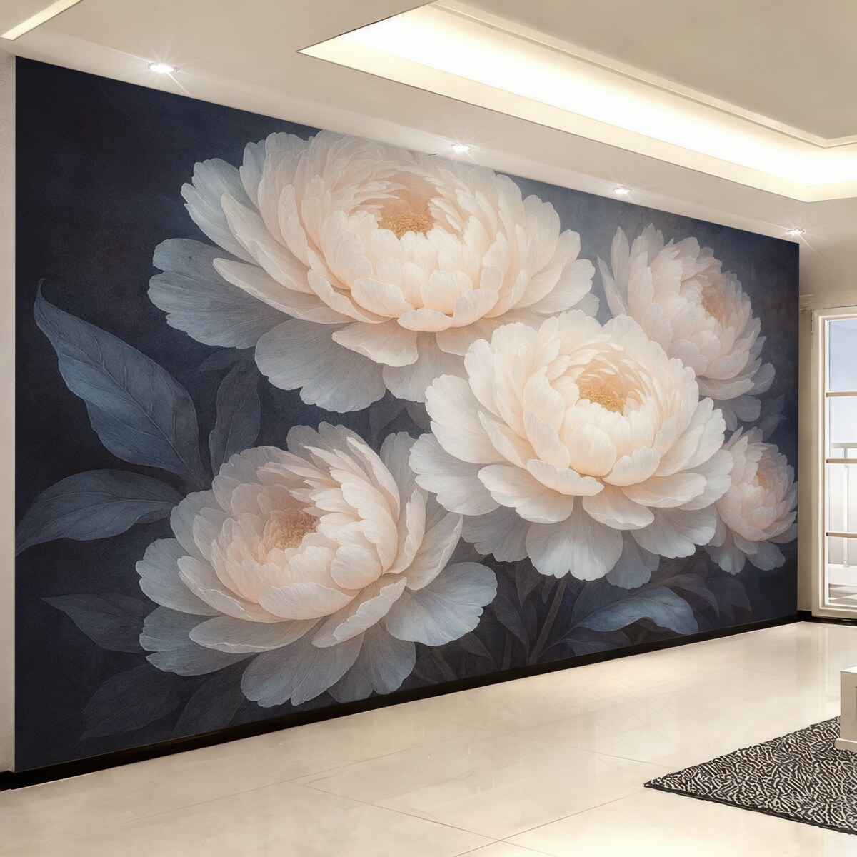 Fototapeta Zbliżenie na dwie duże, subtelne różowe piwonie z gładkimi, puszystymi płatkami i liśćmi na rozmytym tle.