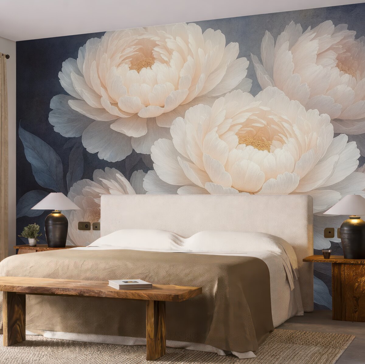 Fototapeta Zbliżenie na dwie duże, subtelne różowe piwonie z gładkimi, puszystymi płatkami i liśćmi na rozmytym tle.