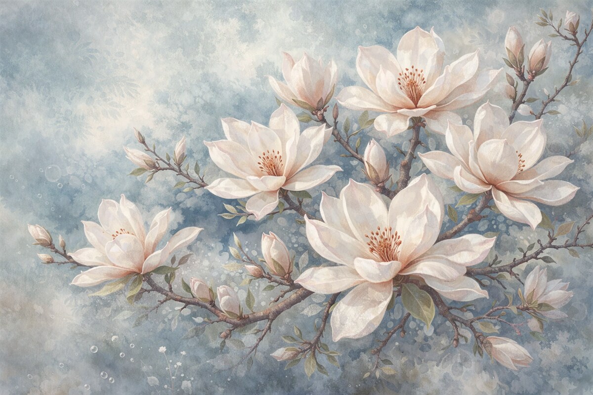 Fototapeta Białe kwiaty magnolii rozwijające się na konarach drzew na delikatnym, rozmytym, strukturalnym niebieskim tle.