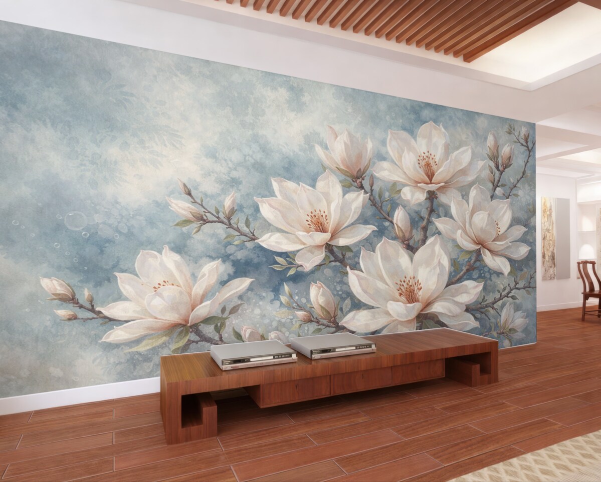 Fototapeta Białe kwiaty magnolii rozwijające się na konarach drzew na delikatnym, rozmytym, strukturalnym niebieskim tle.