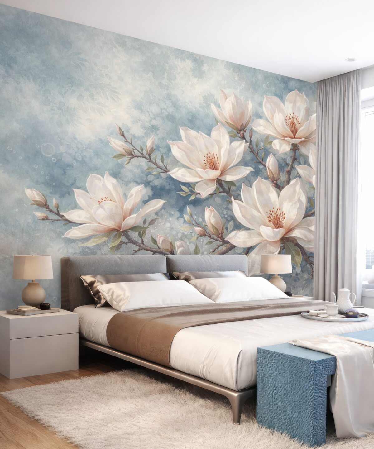 Fototapeta Białe kwiaty magnolii rozwijające się na konarach drzew na delikatnym, rozmytym, strukturalnym niebieskim tle.