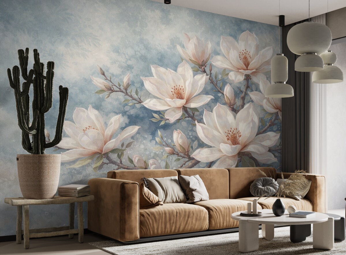 Fototapeta Białe kwiaty magnolii rozwijające się na konarach drzew na delikatnym, rozmytym, strukturalnym niebieskim tle.