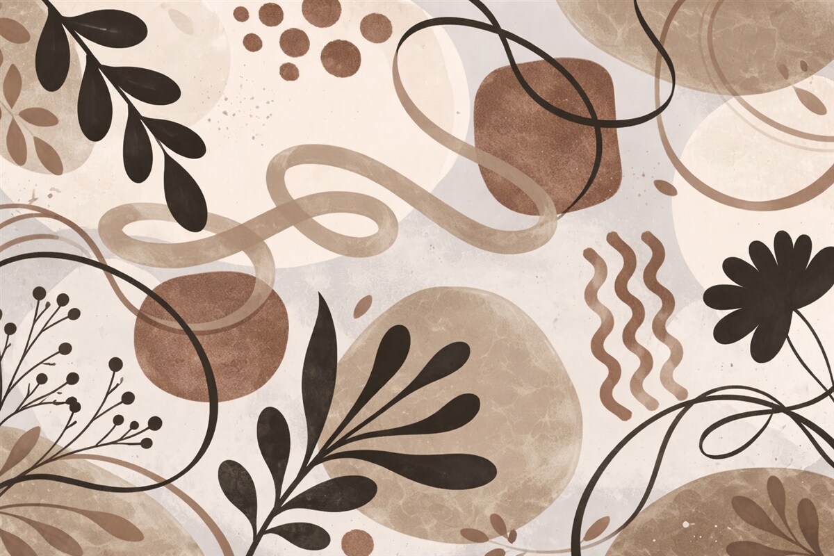 Fototapeta Abstrakcyjny teksturowany minimalistyczny współczesny nadruk z formami w ziemistych tonacjach brązu, beżu i czerni.