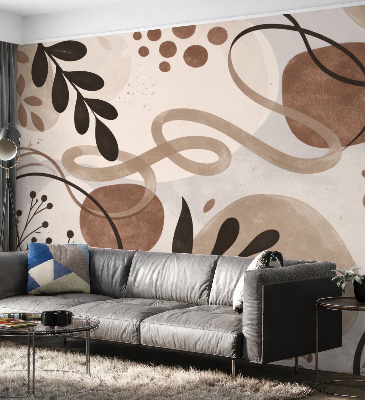 Fototapeta Abstrakcyjny teksturowany minimalistyczny współczesny nadruk z formami w ziemistych tonacjach brązu, beżu i czerni.