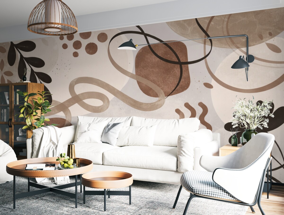 Fototapeta Abstrakcyjny teksturowany minimalistyczny współczesny nadruk z formami w ziemistych tonacjach brązu, beżu i czerni.