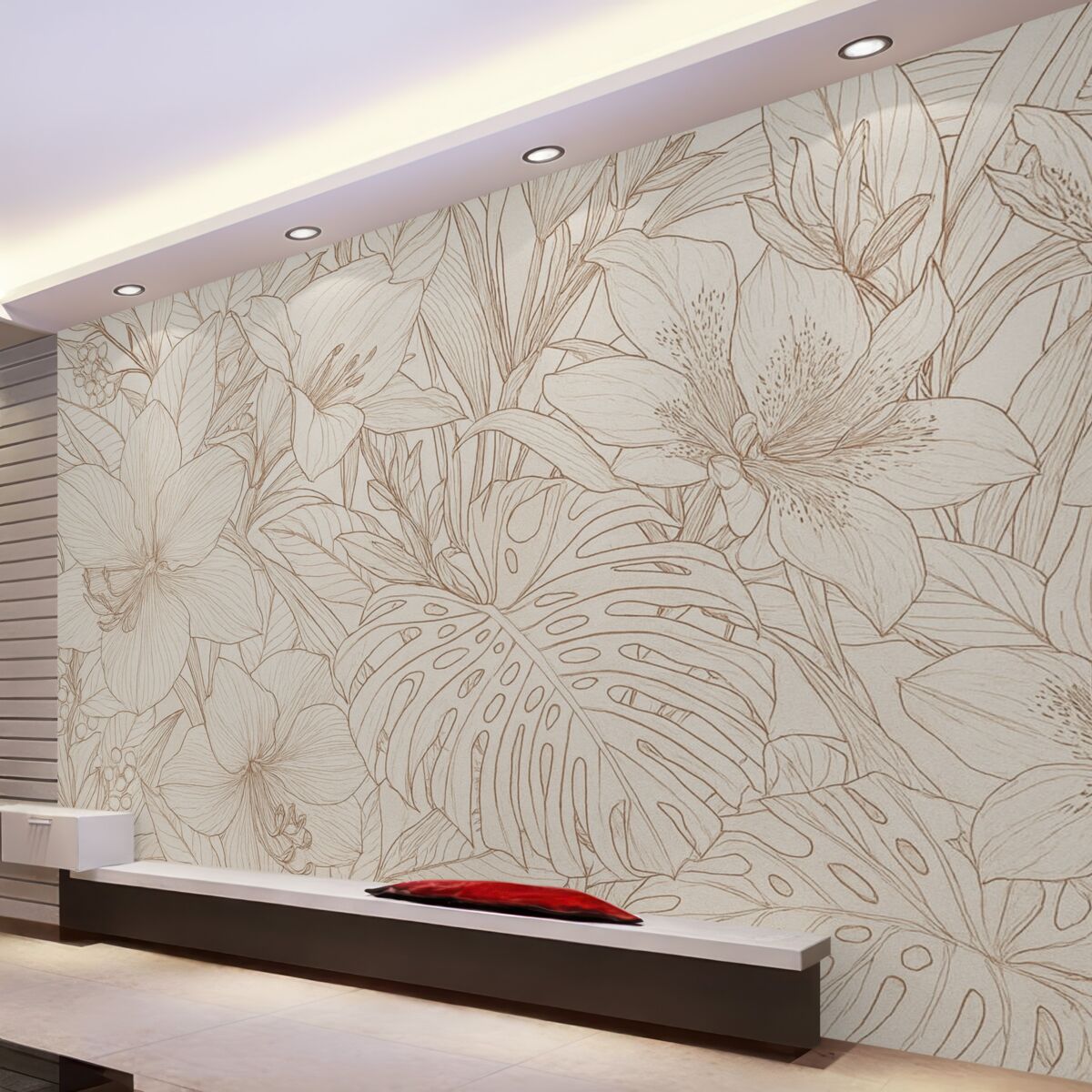 Fototapeta Szczegółowy bordowy i szary kwiatowy motyw z różnymi rodzajami roślin oraz liści, bogaty, złożony botaniczny wzór.