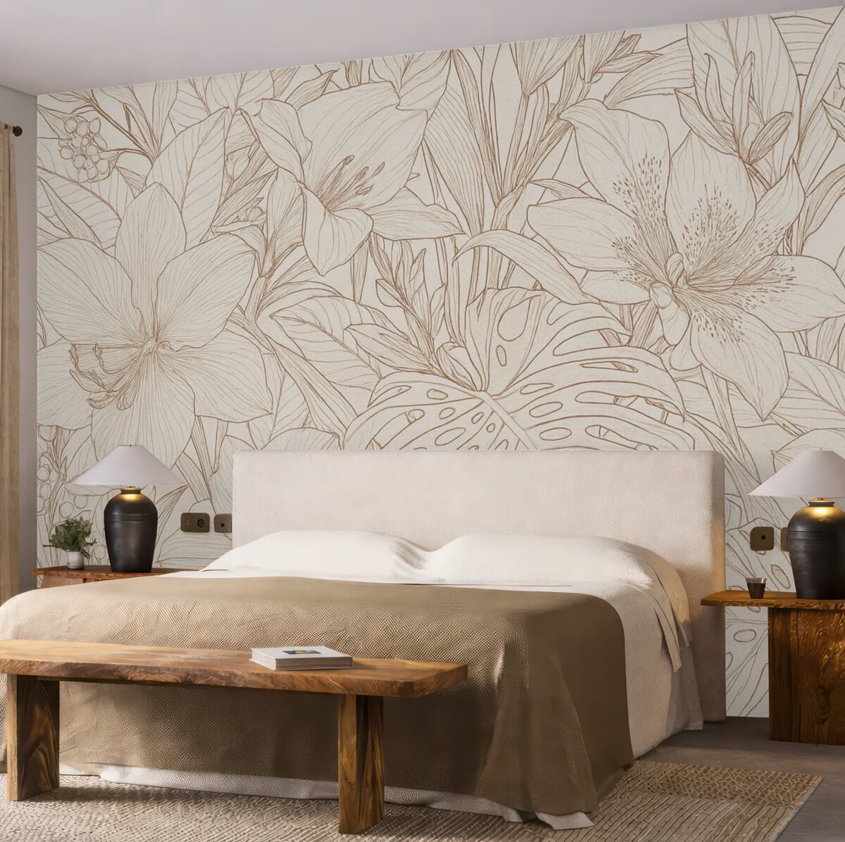 Fototapeta Szczegółowy bordowy i szary kwiatowy motyw z różnymi rodzajami roślin oraz liści, bogaty, złożony botaniczny wzór.