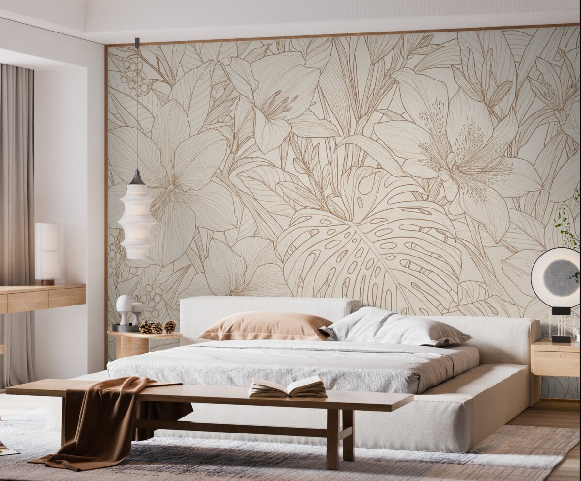 Fototapeta Szczegółowy bordowy i szary kwiatowy motyw z różnymi rodzajami roślin oraz liści, bogaty, złożony botaniczny wzór.