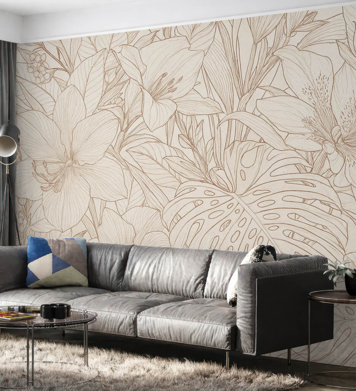 Fototapeta Szczegółowy bordowy i szary kwiatowy motyw z różnymi rodzajami roślin oraz liści, bogaty, złożony botaniczny wzór.