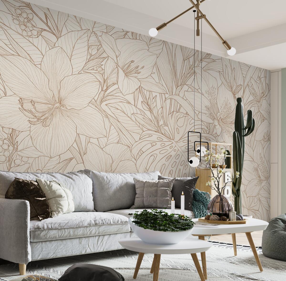 Fototapeta Szczegółowy bordowy i szary kwiatowy motyw z różnymi rodzajami roślin oraz liści, bogaty, złożony botaniczny wzór.