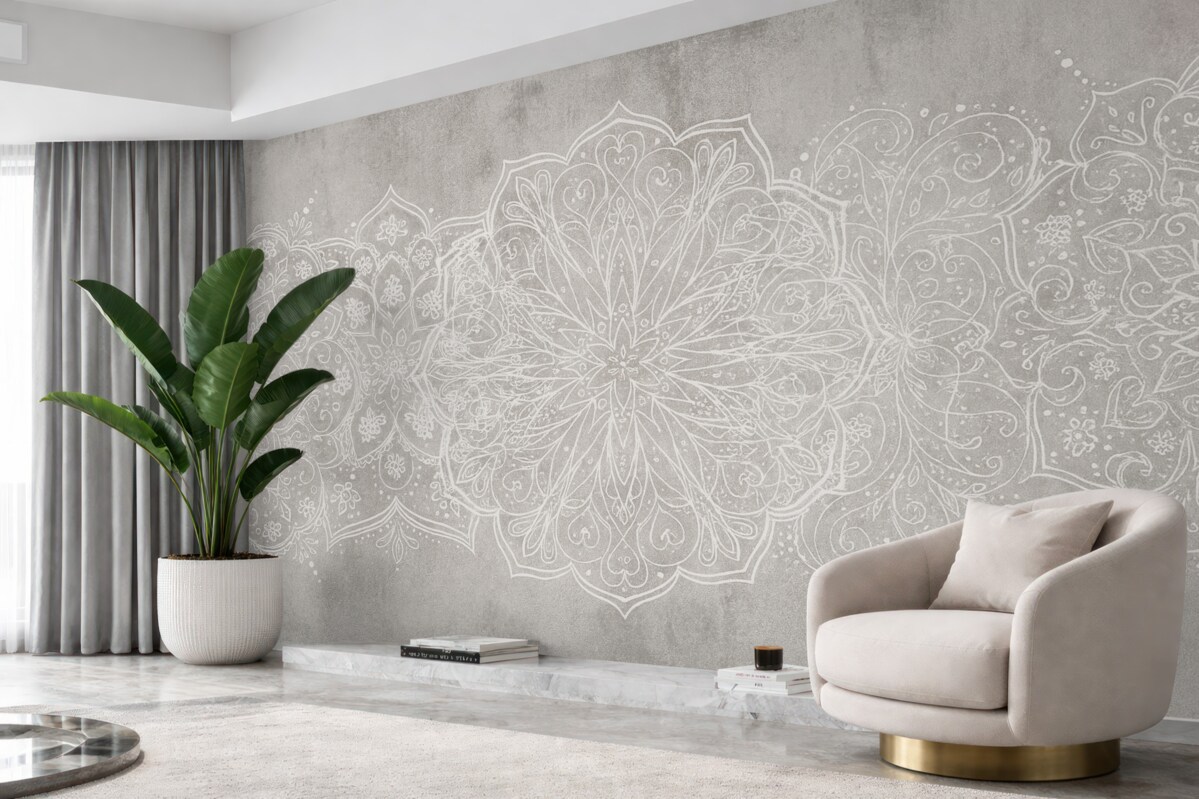 Fototapeta Szczegółowy, kunsztowny wzór mandali z białej koronki na teksturowanym tle szarej ściany w stylu industrialnym.