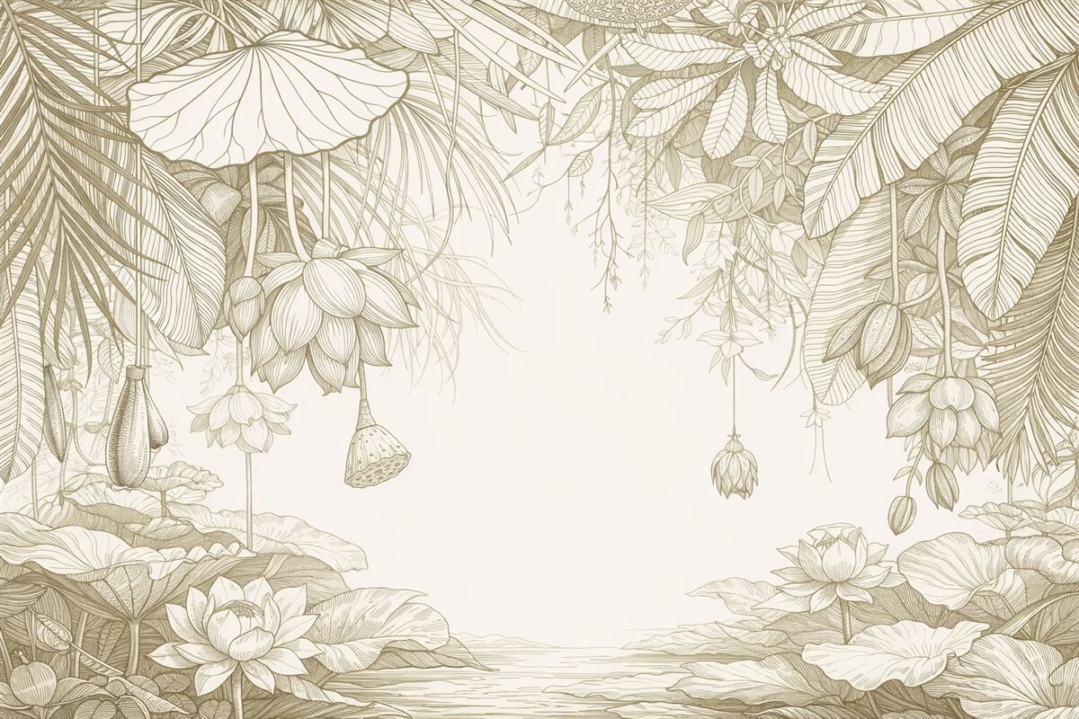 Fototapeta Zbliżenie na beżowy floralny wzór z dużymi, nakładającymi się płatkami i liśćmi w jednolitym kolorze.