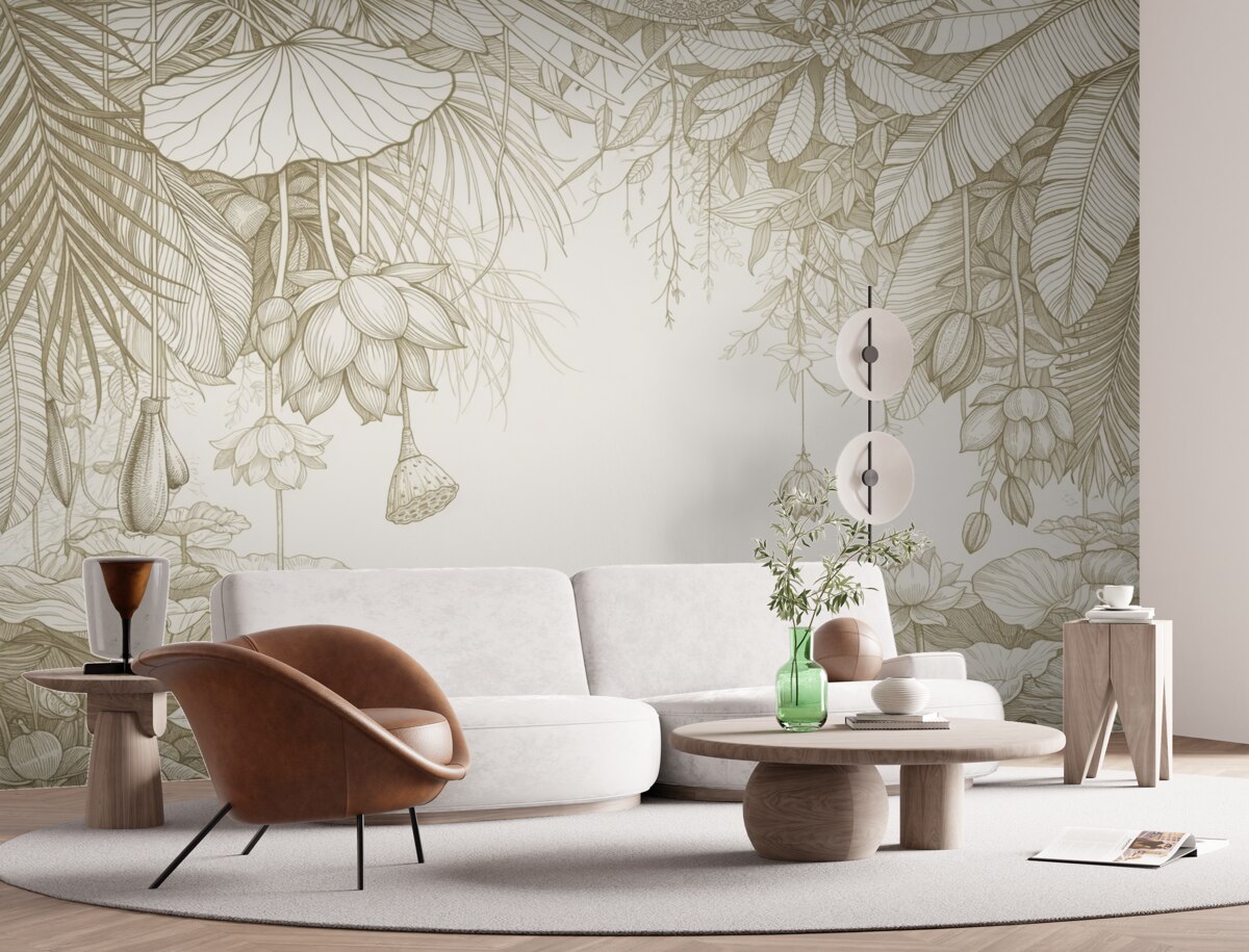 Fototapeta Zbliżenie na beżowy floralny wzór z dużymi, nakładającymi się płatkami i liśćmi w jednolitym kolorze.