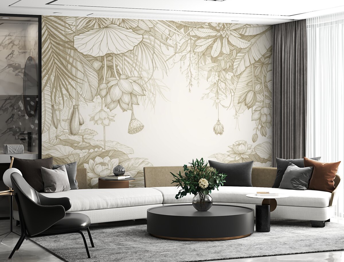 Fototapeta Zbliżenie na beżowy floralny wzór z dużymi, nakładającymi się płatkami i liśćmi w jednolitym kolorze.