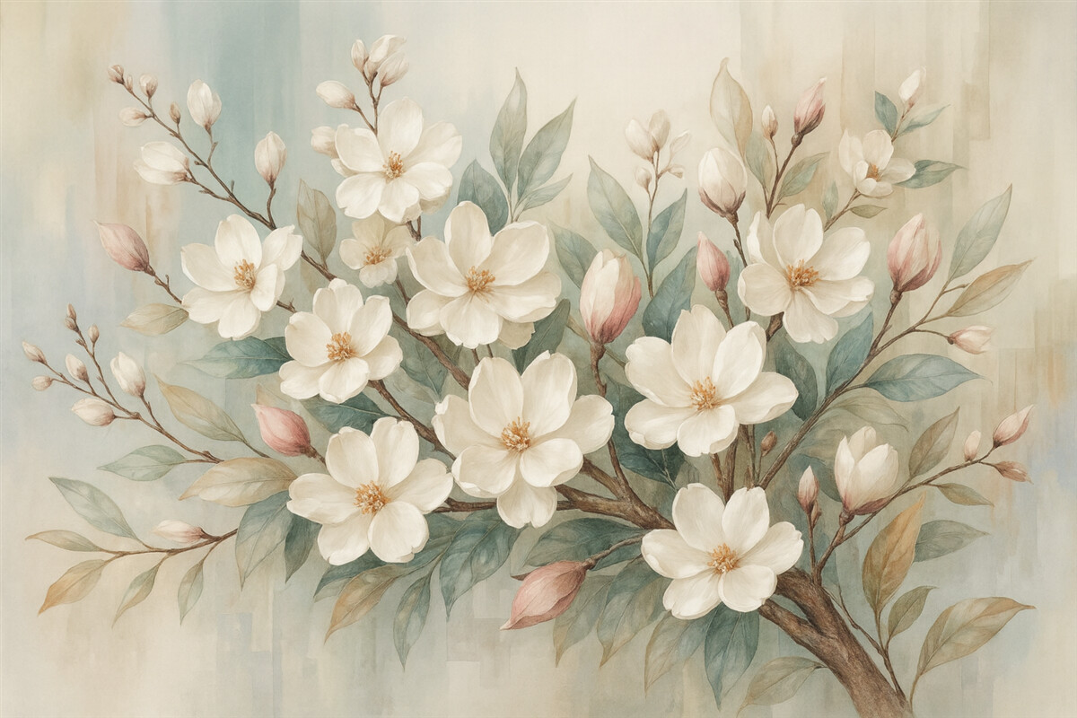 Fototapeta Kwiatowe pastelowe subtelne białe kwiaty z różowymi środkami, otoczone obfitymi zielonymi liśćmi i gałązkami.