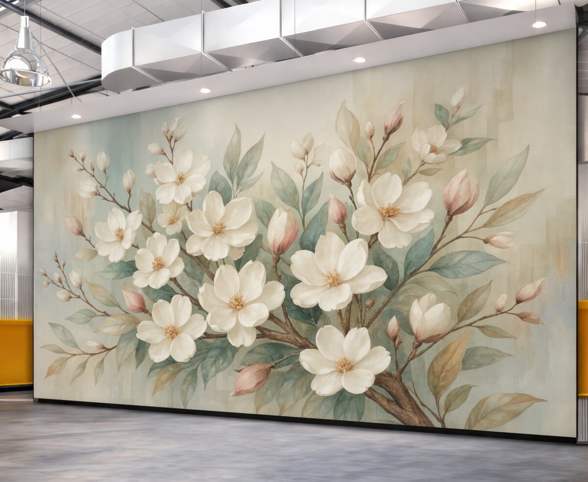 Fototapeta Kwiatowe pastelowe subtelne białe kwiaty z różowymi środkami, otoczone obfitymi zielonymi liśćmi i gałązkami.