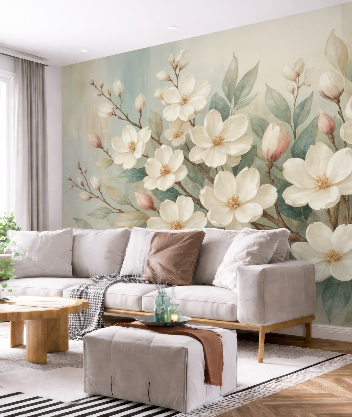 Fototapeta Kwiatowe pastelowe subtelne białe kwiaty z różowymi środkami, otoczone obfitymi zielonymi liśćmi i gałązkami.