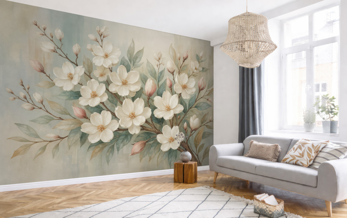 Fototapeta Kwiatowe pastelowe subtelne białe kwiaty z różowymi środkami, otoczone obfitymi zielonymi liśćmi i gałązkami.