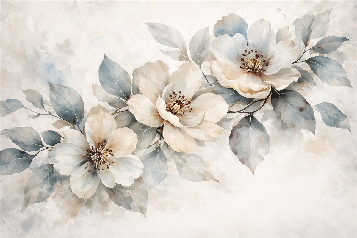 Fototapeta Subtelna biało-niebieska aranżacja kwiatowa o akwarelowej fakturze, z delikatnymi płatkami i pręcikami.